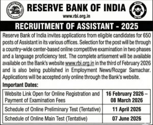 RBI Assistant Recruitment Telugu 2026 notification for 650 posts with eligibility, salary and apply online details