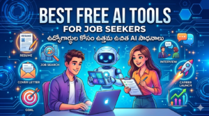Illustration showing best free AI tools for job seekers including resume builder, job search, interview preparation and AI career assistant - Teluguways.com