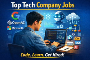 Student preparing for Top Tech Company Jobs with laptop, coding and AI concepts on screen - Teluguways.com