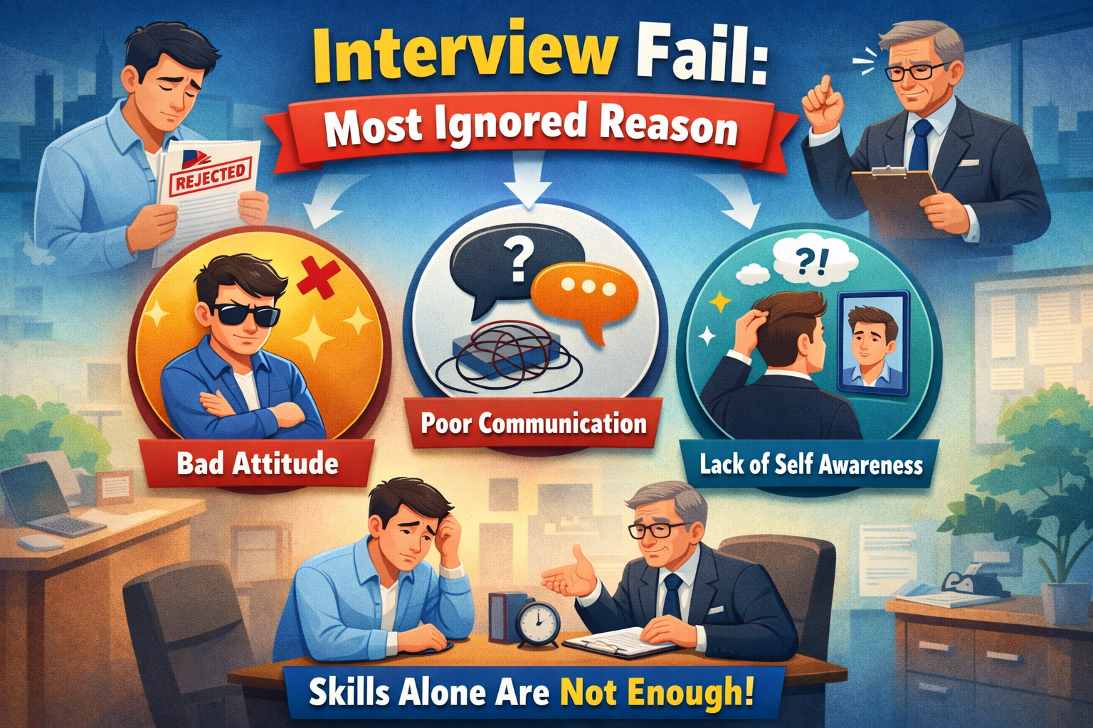 Interview failure due to ignored reasons like attitude, communication and awareness