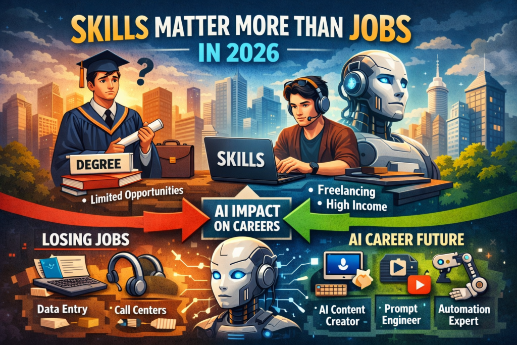Skills matter more than jobs in 2026 showing degree vs skill reality and AI impact on future careers