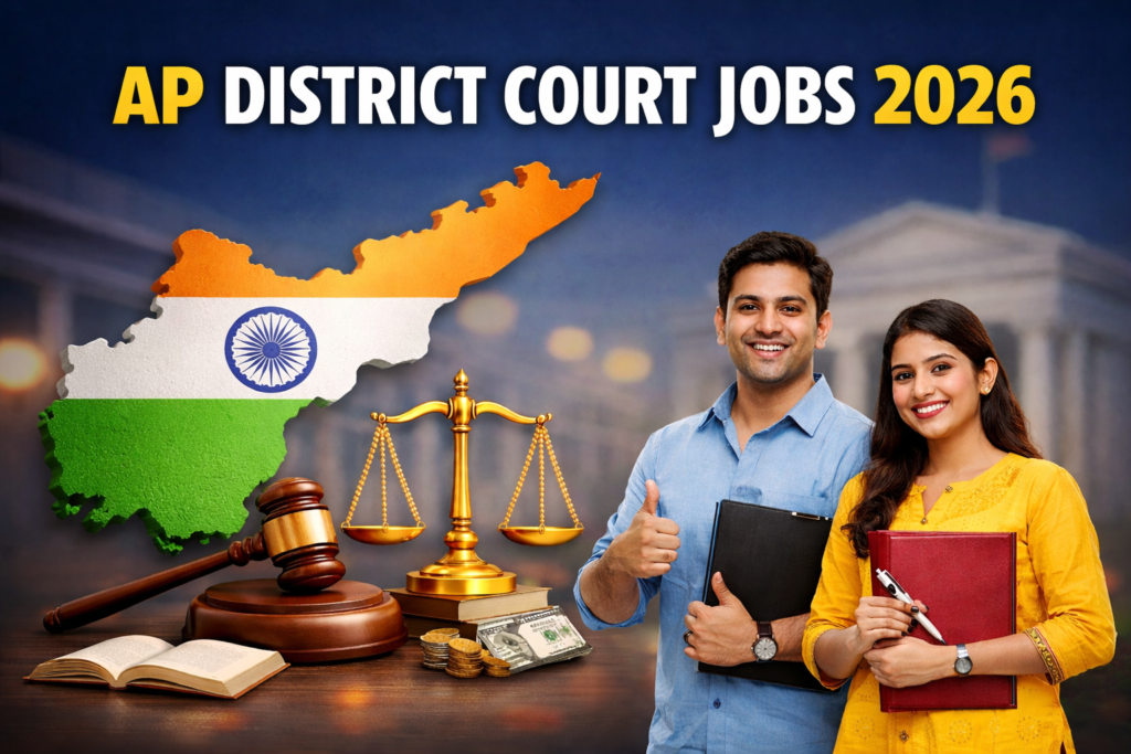 AP District Court Jobs 2026 featured image showing Andhra Pradesh map and court symbols