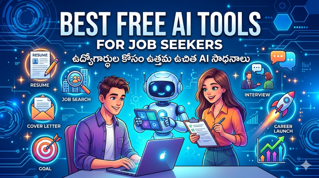 Illustration showing best free AI tools for job seekers including resume builder, job search, interview preparation and AI career assistant - Teluguways.com
