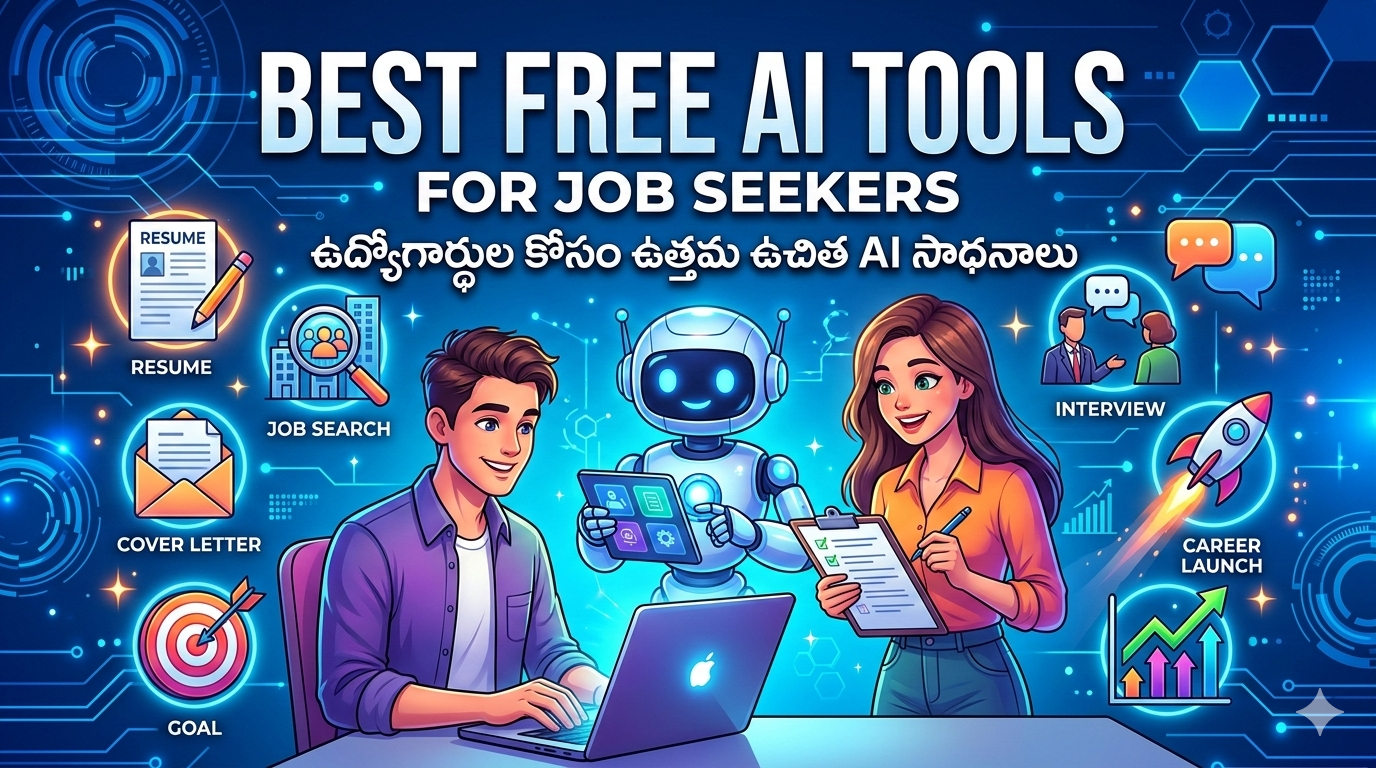 Illustration showing best free AI tools for job seekers including resume builder, job search, interview preparation and AI career assistant - Teluguways.com