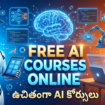 Free AI courses online illustration with robot and student learning Artificial Intelligence - Teluguways
