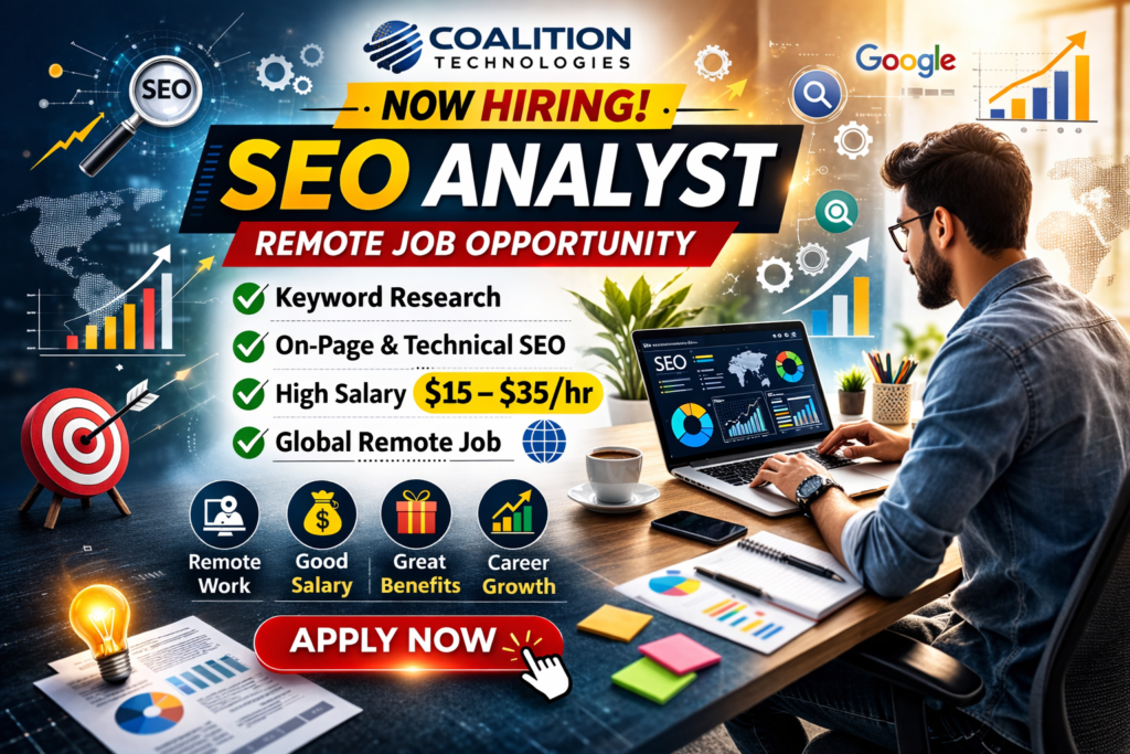 Coalition Technologies SEO Analyst remote job hiring announcement with laptop and digital marketing workspace - Teluguways.com